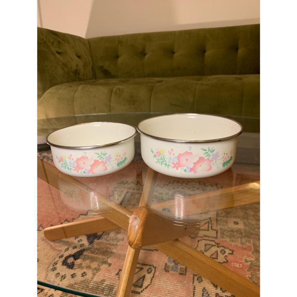 Vintage White Metal Bowl Set with Floral Pattern and Silver Rim - Set of 2